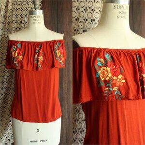 Atmosphere Womens Top, Size 4, Dark Orange Embroidered Mexican Peasant Style